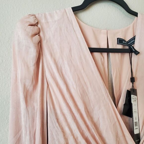 BCBGMAXAZRIA Blush Pink Floral Print Long Sleeve Faux Wrap Dress Size 2 - Picture 8 of 11